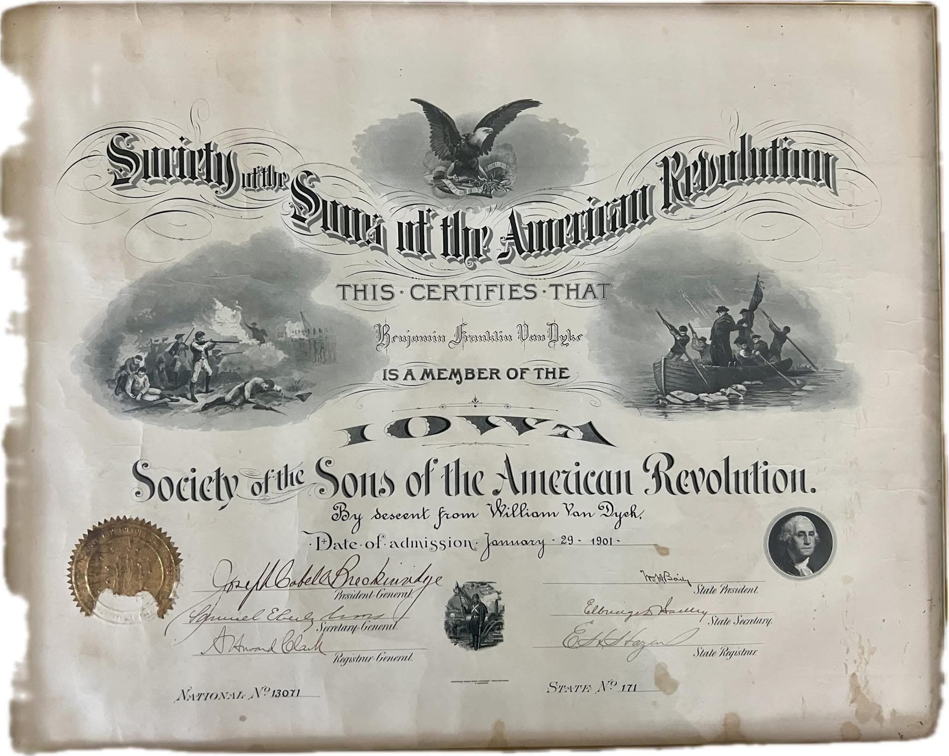 Sons of the American Revolution certificate for Benjamin Franklin Van Dyke, documenting descent from William Van Dyck